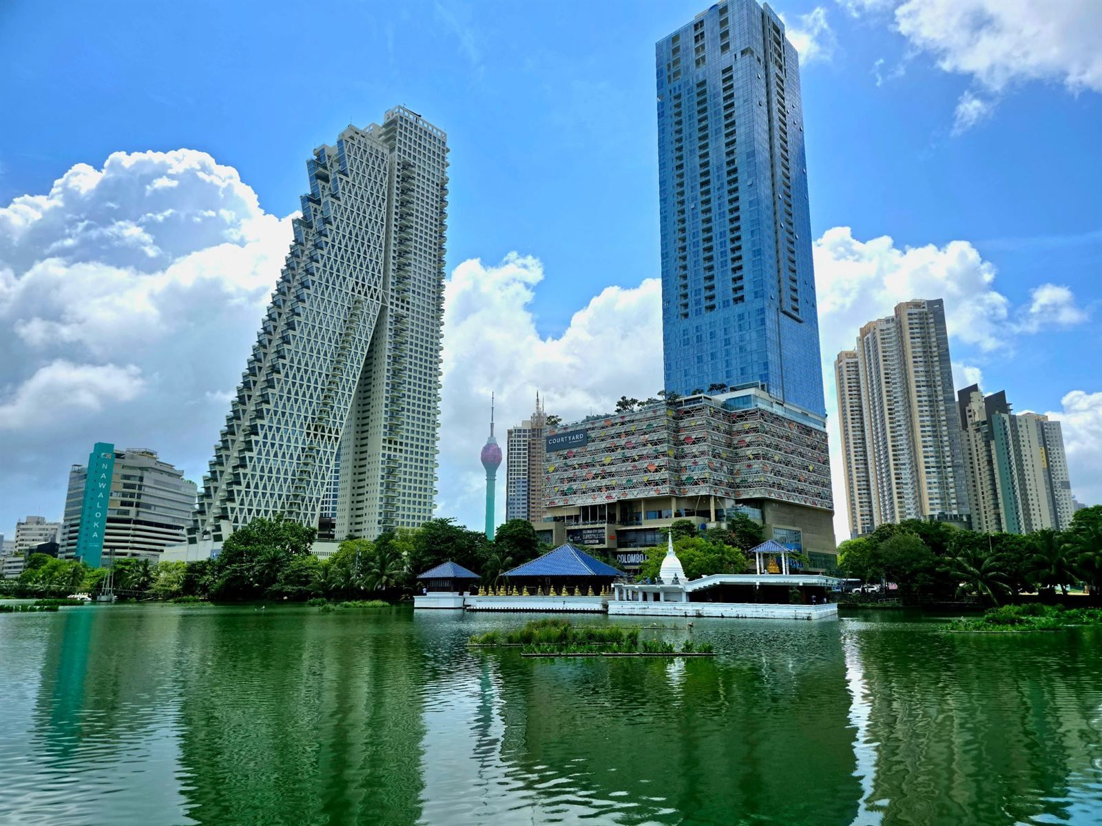 Colombo towers and the Lotus Tower rising over Beira Lake, Sri Lanka