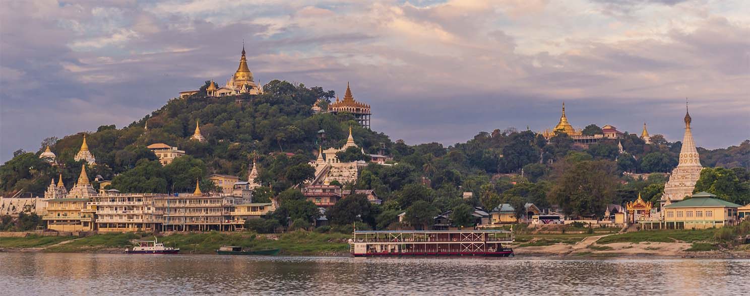 Golden pagodas on Sagaing Hill above the Irrawaddy River near Mandalay, Myanmar