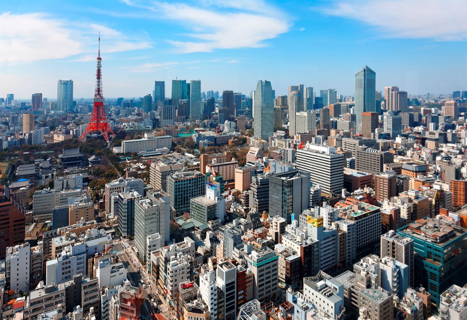 Tokyo skyline with the red-and-white Tokyo Tower among high-rises